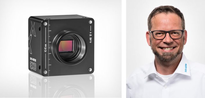 Links: schwarze EXO-Kamera von SVS-Vistek vor weißem Hintergund. Rechts: Portrait von Christian Berg. Freundlich lächelnder Mann mit Brille und Bart in weißem SVS-Vistek Hemd.