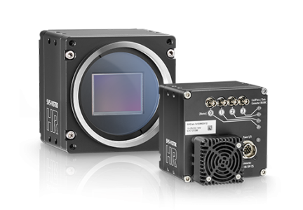 SVS-Vistek HR series black square industrial camera, front and rear view with 4x CXP-12 interfaces.