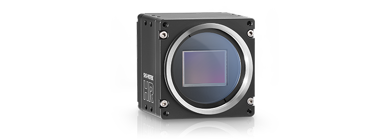 SVS-Vistek HR series black square industrial camera, front view.