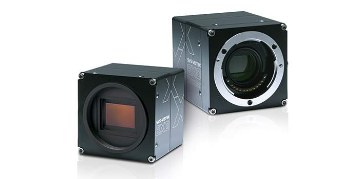 Two black square industrial cameras from SVS-Vistek. One EXO tracer and one EXO with M42 mount.