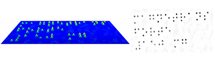 Aufnahme von Braillepunkten in 3D und grauwertkodiert mit einer DotScan-Anlage von insitu