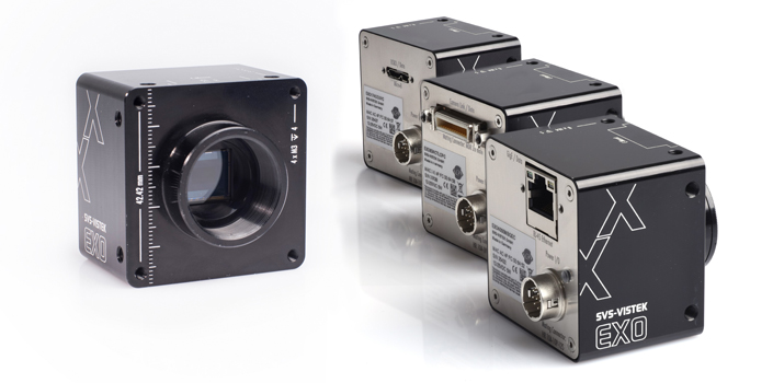 Black square industrial camera EXO from SVS-Vistek. Front view and three times side-rear view, each with different interfacen.