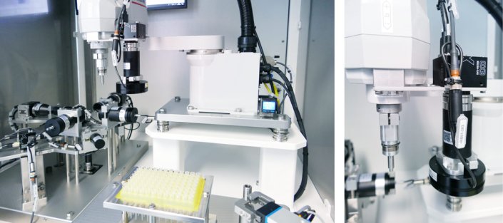 Left: Pipette tester with pipette tray in the foreground. Right: Close-up of the EXO camera with lens and light attachment.