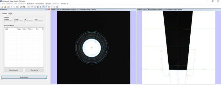 Bild einer Software 2D Visualisierung einer Pipettenspitze. Top- View-Ansicht: schwarzes Quadrat mit weißem Punkt in der Mitte, Side-View-Ansicht: schwarzes Trapez auf weißem Hintergrund. 